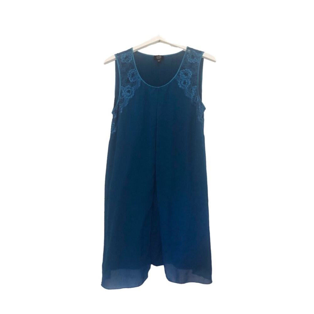 Jones New York Teal Lace Overlay Sleeveless Tunic Blouse Large Layered Chiffon